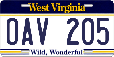 WV license plate OAV205