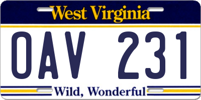 WV license plate OAV231