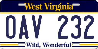 WV license plate OAV232