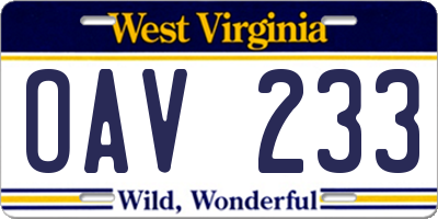 WV license plate OAV233