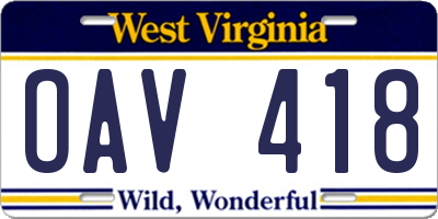 WV license plate OAV418