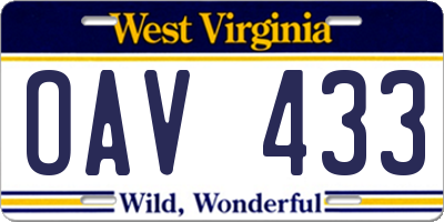 WV license plate OAV433