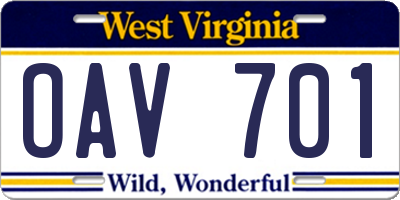 WV license plate OAV701