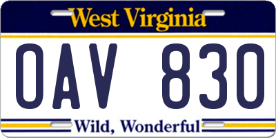 WV license plate OAV830