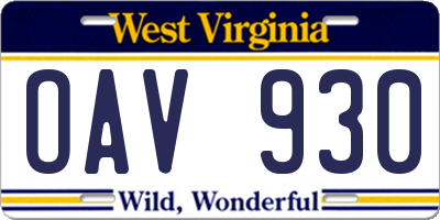 WV license plate OAV930