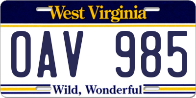 WV license plate OAV985