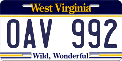 WV license plate OAV992