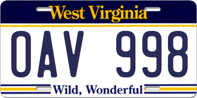 WV license plate OAV998