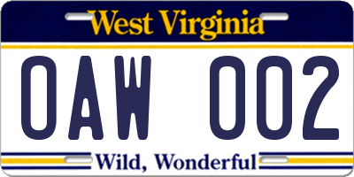 WV license plate OAW002