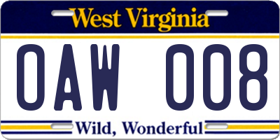 WV license plate OAW008