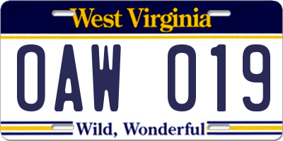 WV license plate OAW019
