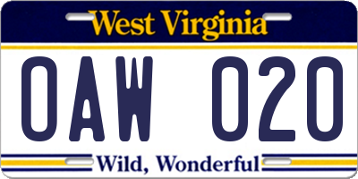 WV license plate OAW020