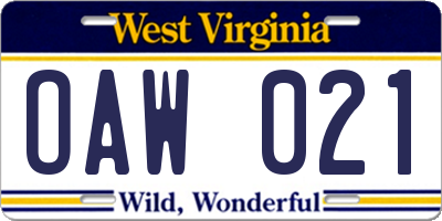 WV license plate OAW021