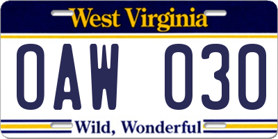 WV license plate OAW030
