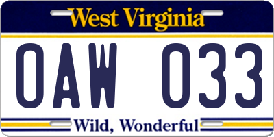 WV license plate OAW033