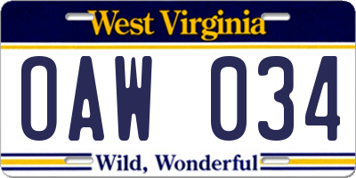 WV license plate OAW034
