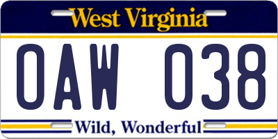WV license plate OAW038