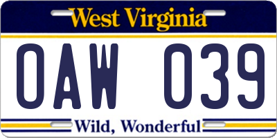 WV license plate OAW039