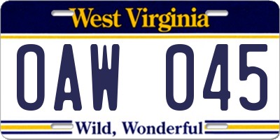 WV license plate OAW045