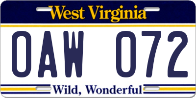 WV license plate OAW072