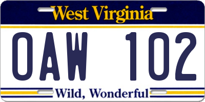 WV license plate OAW102