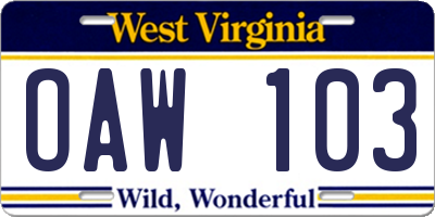 WV license plate OAW103