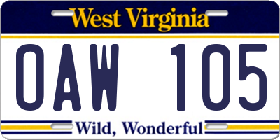 WV license plate OAW105