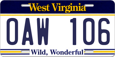 WV license plate OAW106
