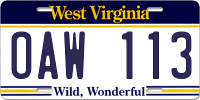 WV license plate OAW113