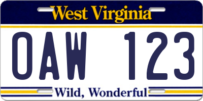 WV license plate OAW123