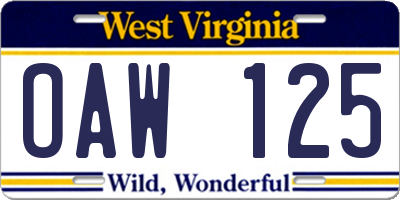 WV license plate OAW125