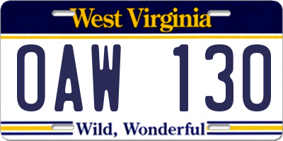 WV license plate OAW130