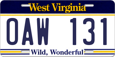 WV license plate OAW131