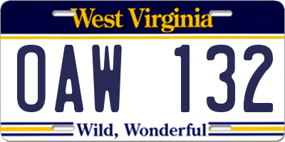 WV license plate OAW132