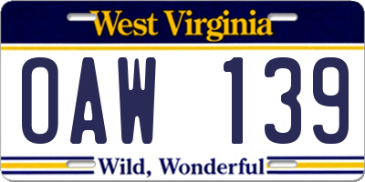 WV license plate OAW139