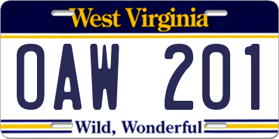 WV license plate OAW201