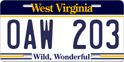 WV license plate OAW203
