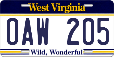 WV license plate OAW205