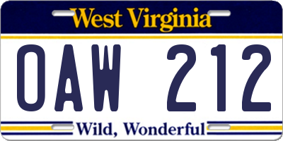 WV license plate OAW212