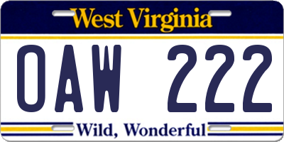 WV license plate OAW222