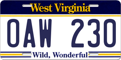 WV license plate OAW230