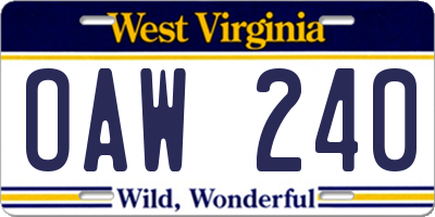 WV license plate OAW240