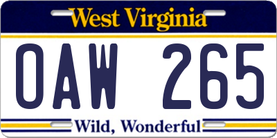 WV license plate OAW265