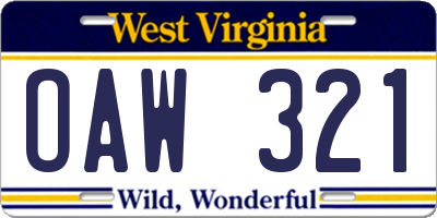 WV license plate OAW321