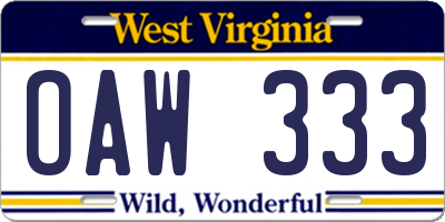 WV license plate OAW333