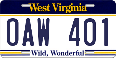 WV license plate OAW401