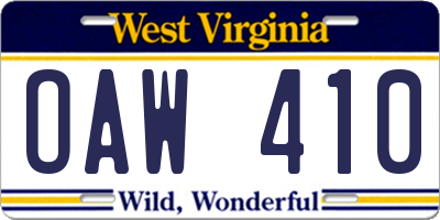 WV license plate OAW410