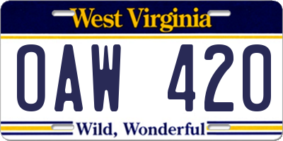 WV license plate OAW420