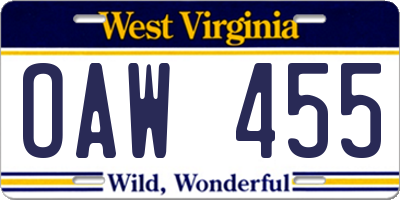 WV license plate OAW455