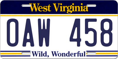 WV license plate OAW458